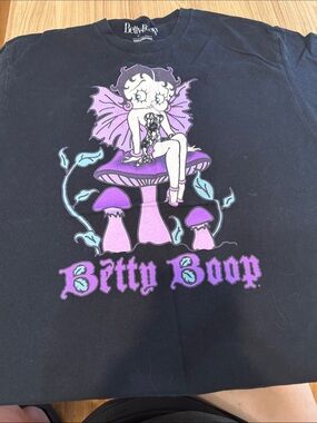 Betty Boop Black Tee with Purple & Pink Mushroom Graphic